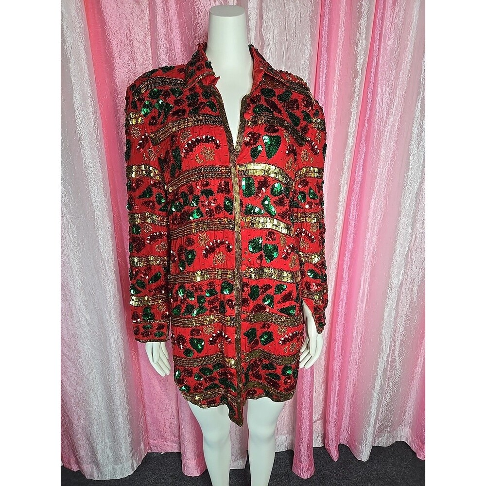 Creative Creations Exquisite Christmas Beaded Silk Button Jacket Size Medium